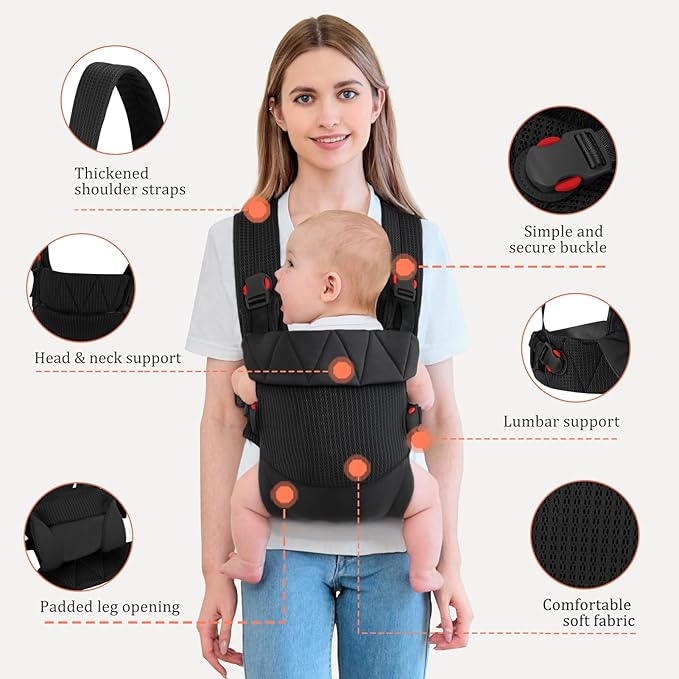 IULONEE Baby Carrier Wrap Ergonomic Baby Strap Carrier Front & Back Backpack Carry Adjustable Infant Toddlers Carrier Sling for Newborn Black