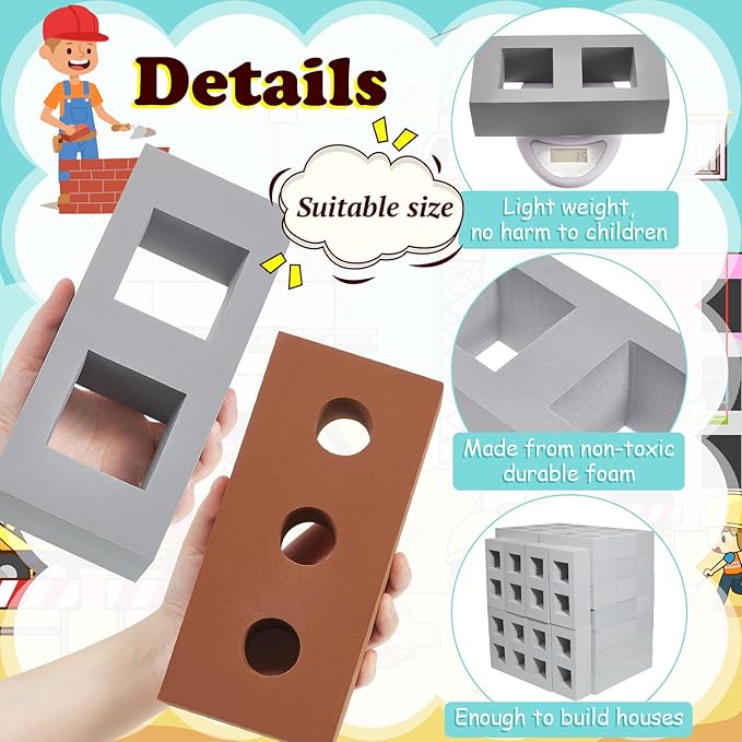 Deekin 30 Pcs Foam Brick Building Blocks for Kids Thick Blocks Foam Large Fake Brick Construction Toy for Stacking Construction, 8 x 4 x 2.4 in (Square Circle Holes)