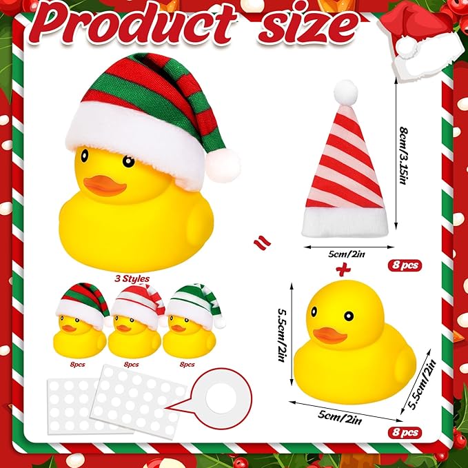 Liliful 24 Pcs Christmas Rubber Ducks with Hat Xmas Mini Rubber Ducks in Bulk Holiday Party Favors Bath Toys for Christmas Party Decor Gift (Striped Hat)