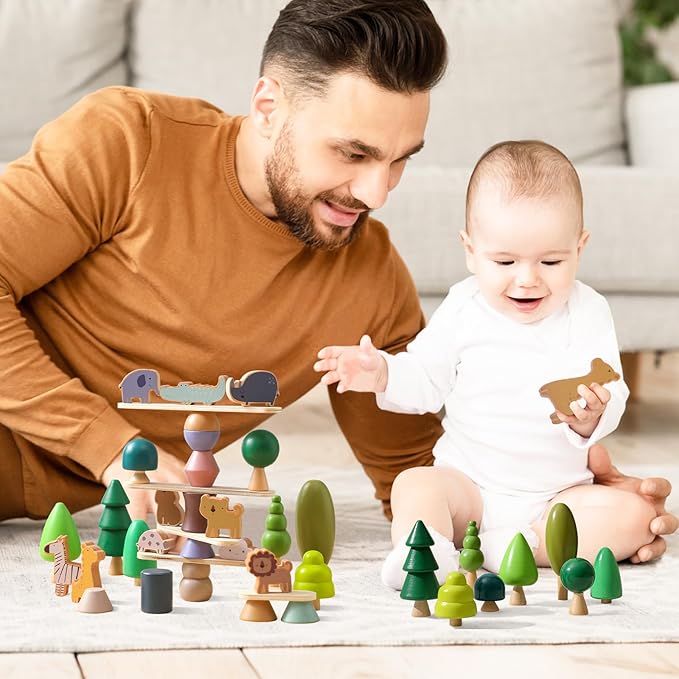 Wooden Animal Forest Balance Stacking Toy Set 36PCS Wood Miniature Tree Blocks Set Elegant Ornaments for Home Decor Wooden Mini Trees Animals Balance Toy for Toddler 36 Months+