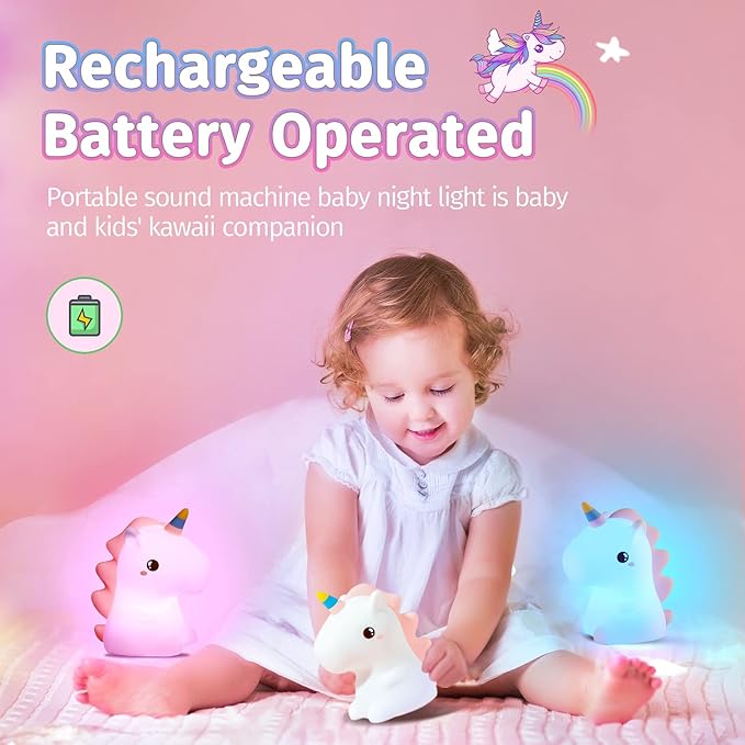 Unicorn Baby Sound Machine with Light, 16 Colors+Silicone Sleep Sound Machine for Kids Night Light, 10 White Noise Baby Night Light for Kids with Music, Remote+Timer+Rechargeable Nightlight [Gifts]