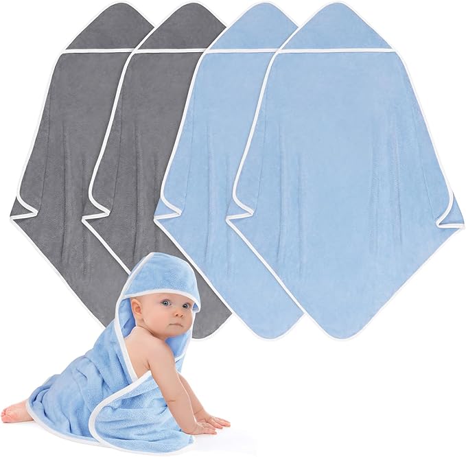 Hooded Towel for Newborn, 4 Pack Soft Coral Fleece Baby Towels, Ultra Absorbent Bath Cloths Bulk for Infants, Toddlers, Newborn Essential- 30 x 30 inch - Grey & Blue