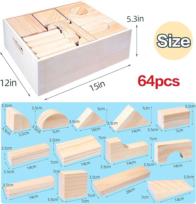 Large Wooden Building Blocks Set - Educational Preschool Learning Toys with Wooden Storage Box, Toddler Blocks Building and Stacking Toys for 3+ Year Old Boy and Girl Gifts