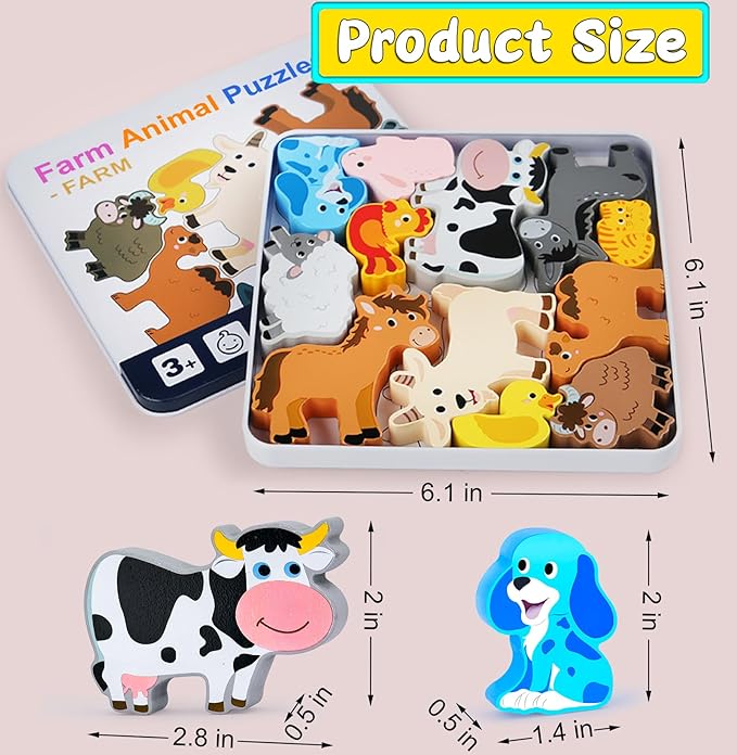 Wooden Animal Puzzles Toys for Toddlers,12 Pcs Farm Animal Figures,Animal Matching Sorting Stacking Toys for Boys Child Girls,Educational Learning Toys Gift for Kids