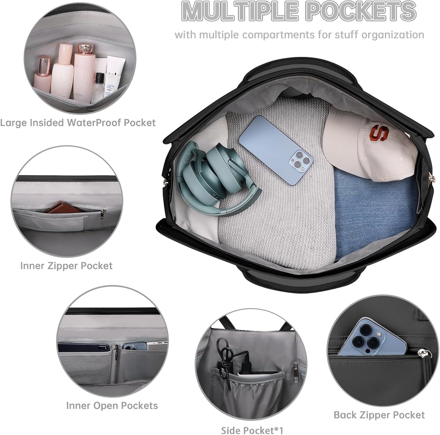 ETRONIK Weekender Overnight Bag for Women, Large Travel Duffle Bag with Shoe Compartment & Wet Pocket, Carry On Tote Bag Gym Duffel Bag with Toiletry Bag, 3 Pcs Set, XL Size, Beige&Black