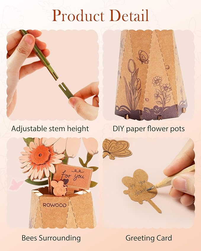 3D Flower Wooden Puzzles for Adults-Gerbera Daisy, DIY Wooden Flowers Model Kit Building Set Crafts for Adults to Build, Botanical Collection/Ideal Creative Gift Ideas/Housewarming (105PCS)