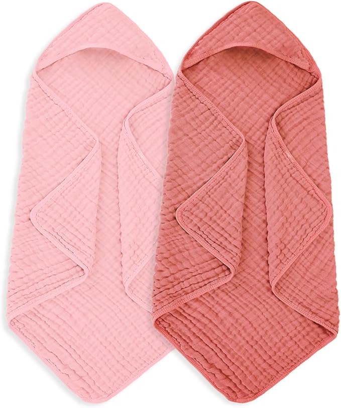 Muslin Hooded Baby Towels 100% Cotton ，Super Soft Muslin Baby Bath Towel - 32 x 32 Inches, Suitable for Newborn and Young Children up to 3 Years Old. (Light Pink & Dark Pink)
