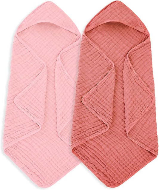 Muslin Hooded Baby Towels 100% Cotton ，Super Soft Muslin Baby Bath Towel - 32 x 32 Inches, Suitable for Newborn and Young Children up to 3 Years Old. (Light Pink & Dark Pink)