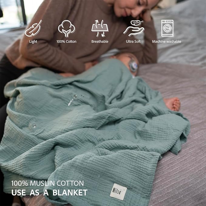 Nilsa 5-in-1 Muslin Nursing Cover up for Breastfeeding & Baby Car Seat Cover - Breathable Breastfeeding Cover With Rigid Hoop - 100% Cotton Privacy Apron Breast Feeding Covers For Women (Mint green)