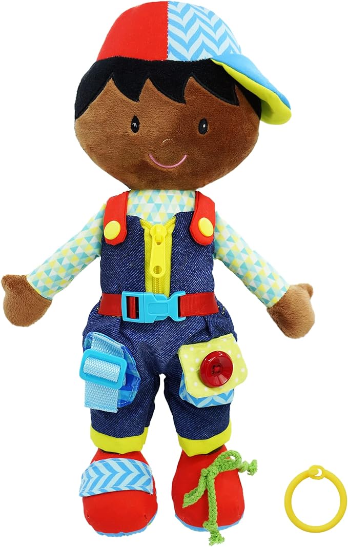June Garden 15.5" Dressy Friends Isaiah - Educational Stuffed Plush Doll for Kids and Toddlers 2 Years and Up - Montessori Buckle Soft Toy
