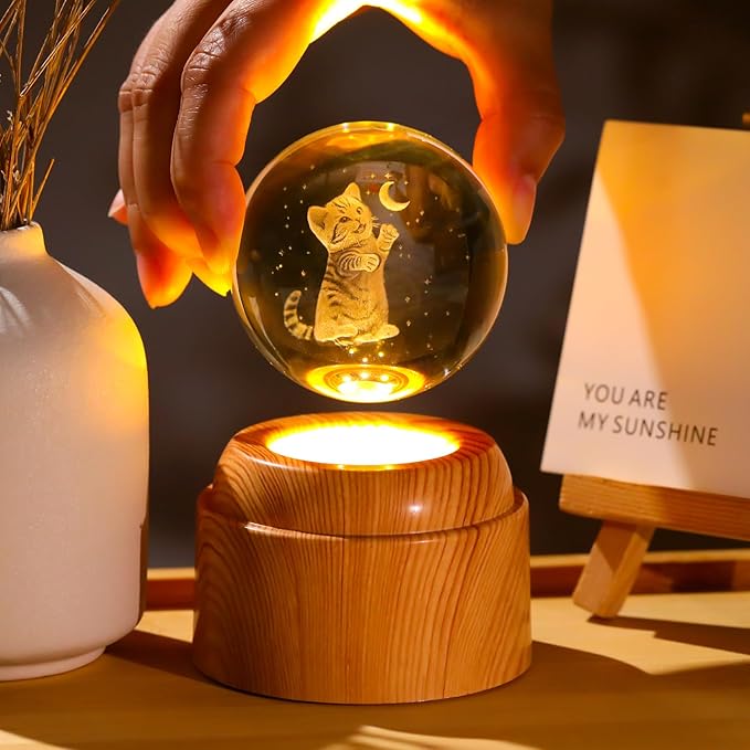 3D Cat Crystal Ball 2.36“ Engraved with Rotated Wood Base, Cat Lover Gifts for Women Girls Mothers Day Birthday Cats Decorative Globe Decor (Gifted Box)