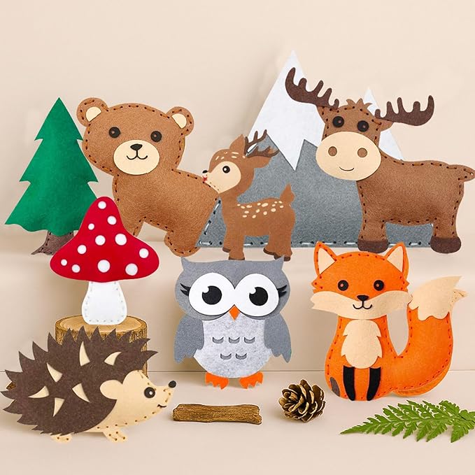 FYXGZZH Kids Beginner Sewing Kit – DIY Stuffed Craft Set with Pre-Cut Felt, Plastic Needle & Embroidery Thread, Educational Arts & Crafts for Boys & Girls Ages 6-12, Woodland Sewing Kit