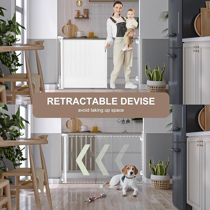 Retractable Baby Gates Extra Wide, 34" Tall Extends up to 55" Wide, Dog Gate Indoor for Stairs, Pet Gate with Support Rods for Doorways Hallways Indoor & Outdoor-White