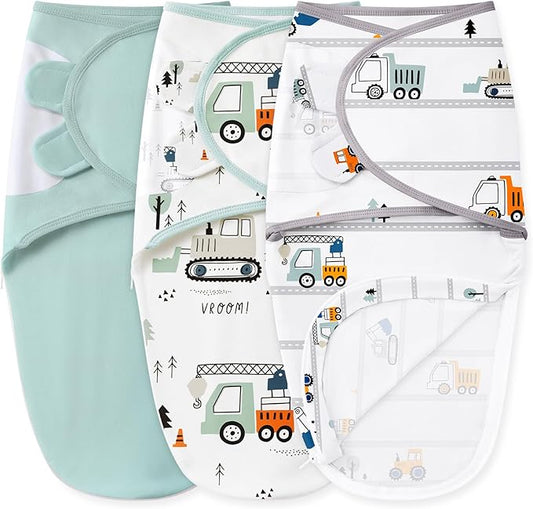 Baby Swaddles for Newborns with Zipper, 100% Cotton Newborn Swaddle Sack, 3 Pack Baby Swaddles 3-6 Months Swaddle Sleep Sack for Newborn Baby Boy Girl Green Excavator