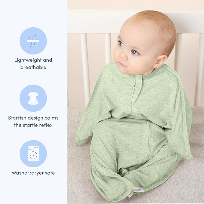 SleepingBaby Zipadee-Zip Transition Swaddle - Cozy Baby Swaddling Blanket with Zipper Convenience - Roomy Wearable Blanket for Easy Diaper Changes - 3-6 Month - Zen Garden Green Heather