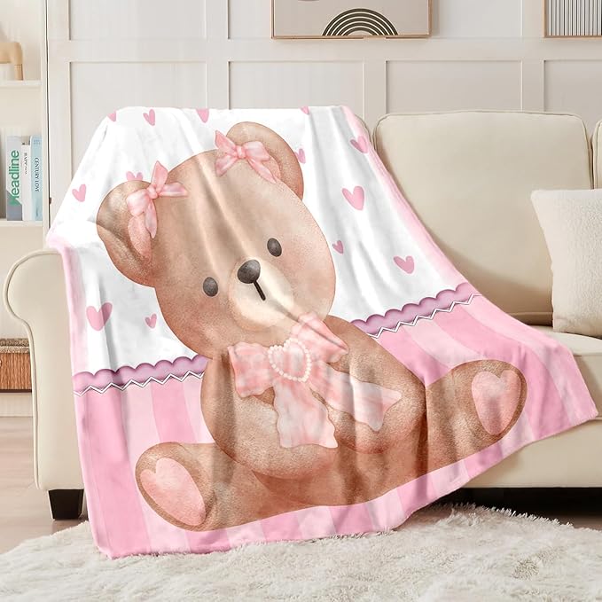 Personalized Baby Blanket for Girls, Custom Baby Blanket with Name, Soft Cozy Personalized Name Blankets for Kids, Customized Bear Blanket for Infant Toddler Birthday Christmas