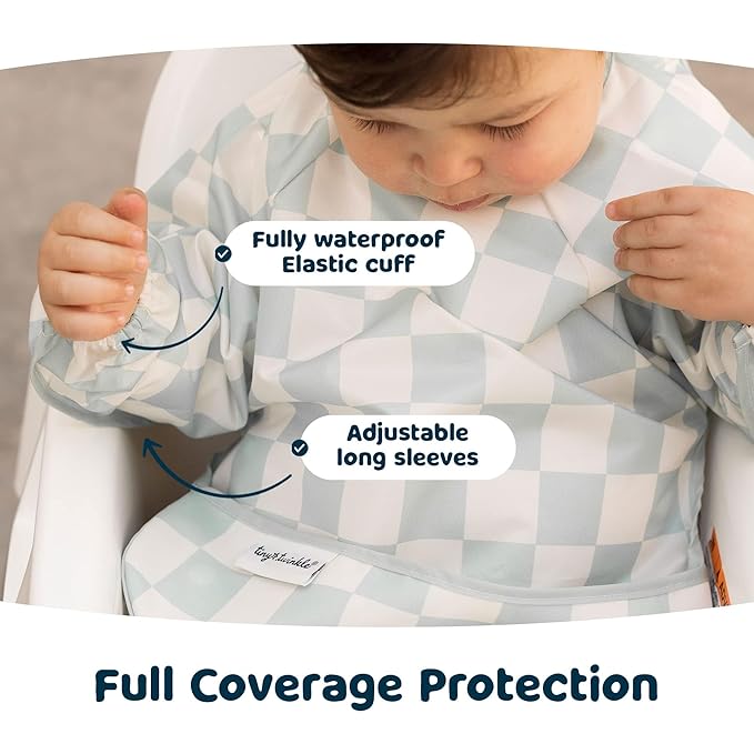 Tiny Twinkle Long Sleeve Bib for Babies & Toddlers – Waterproof Smock Bib for Eating – Machine Washable & Mess-Proof, Baby Feeding Essential & Shower Must-Have(Checkers Sage, 2-4Y)
