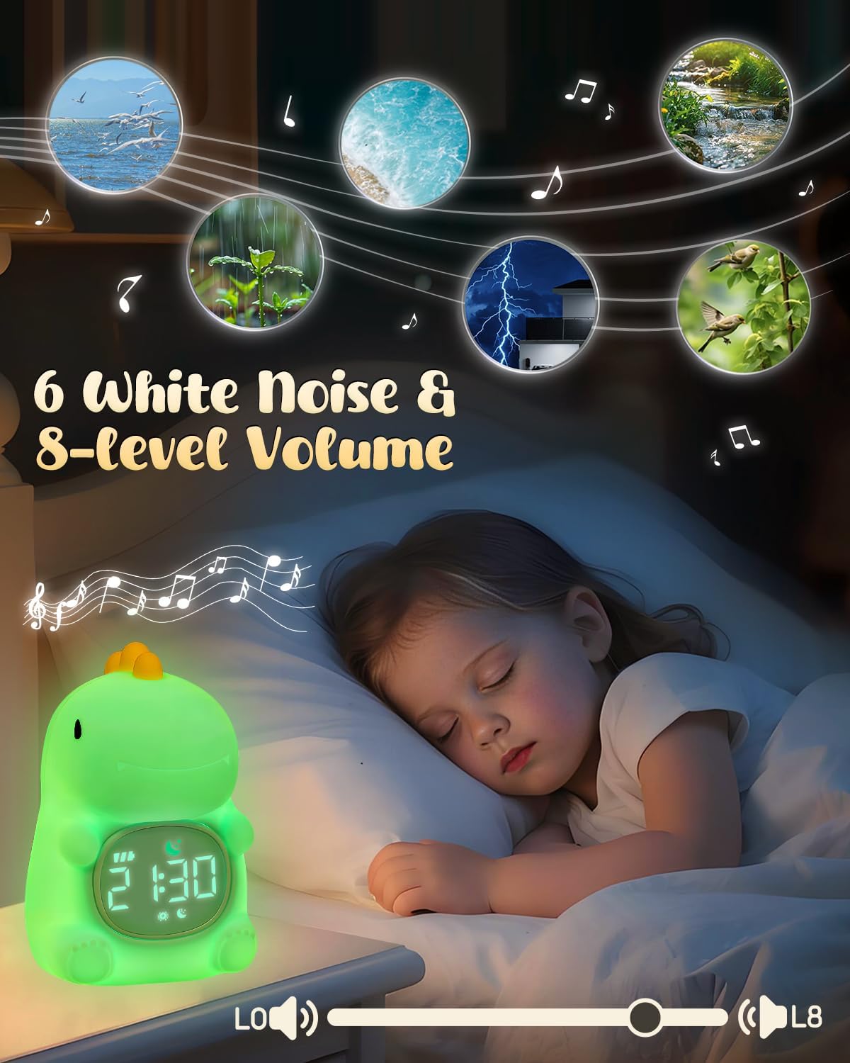 Dinosaus Alarm Clock for Kids with Night Light, Sleep Training Clock Time to Wake Clock, Rechargeable Silicone Light for Bedroom, Perfect Sleep Companion for Boys Girls