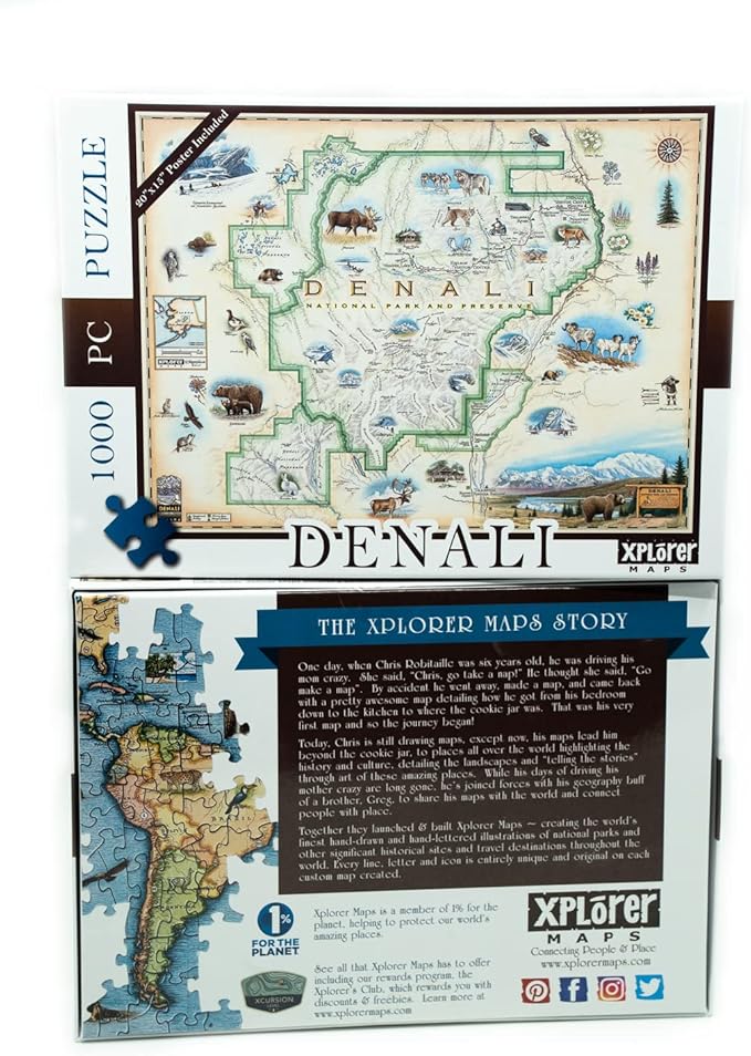 Denali National Park Map Cardboard Jigsaw Puzzle - 1000 Pieces, Hand-Illustrated - Educational, Family Activity, Ages 7+, Includes Poster - 25.4 x 19.8