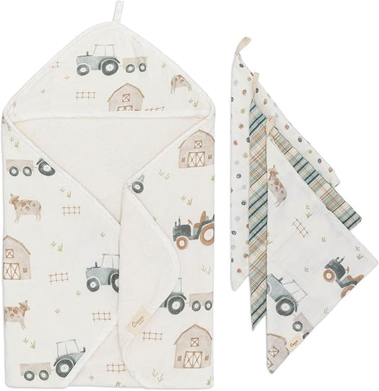 Crane Baby Hooded Towel & Washcloth Set, Charlie Farmhouse Tractor Hooded Baby Towels and Washcloths Set, Baby Bath Essentials, Washcloths for Newborn, Muslin Towel for Babies