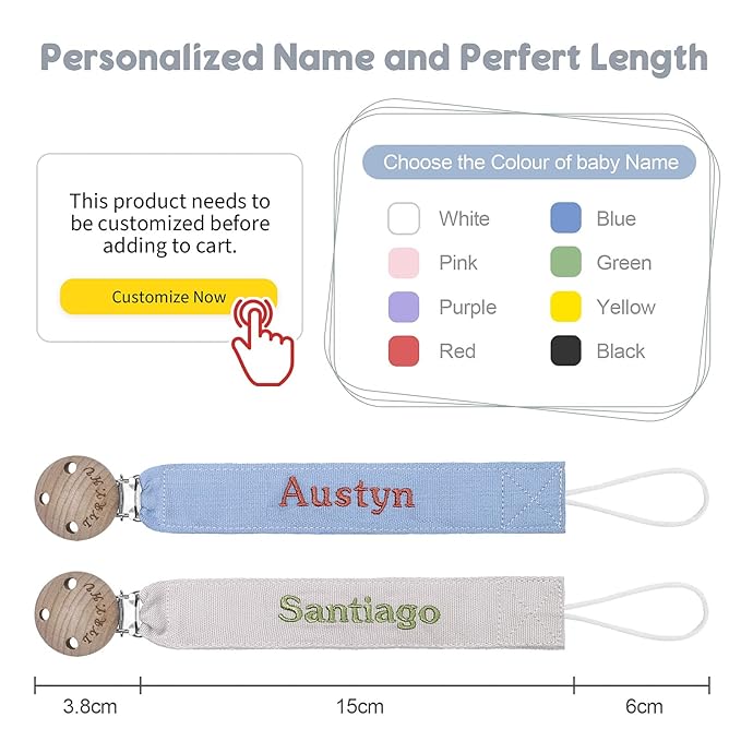 TYRY.HU Personalized Pacifier Clip with Name, Embroidery Webbing Pacifier Holder for Baby Girls and Boys, Neutral Pacifier Leash Universally Fit All Pacifiers & Baby Toys, 2 Pack Baby Gift(Grey, Blue)