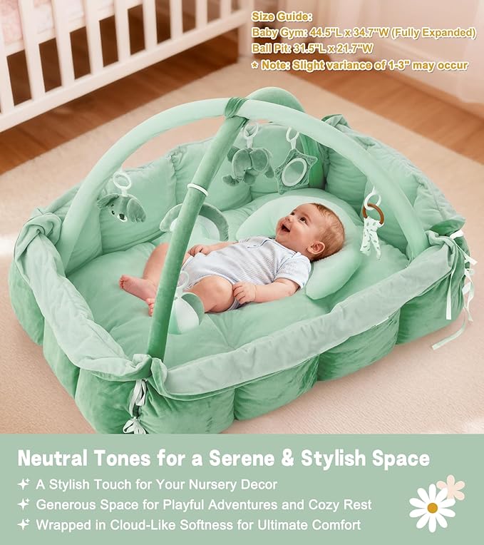 5-in-1 Baby Play Gym and Tummy Time Mat, Tummy Time Pillow & 12 Learning Cards, Plush Activity Mat with 6 Toys, Baby Gym, Convertible to Ball Pit & Pet Bed, Baby Gift, Sage Green