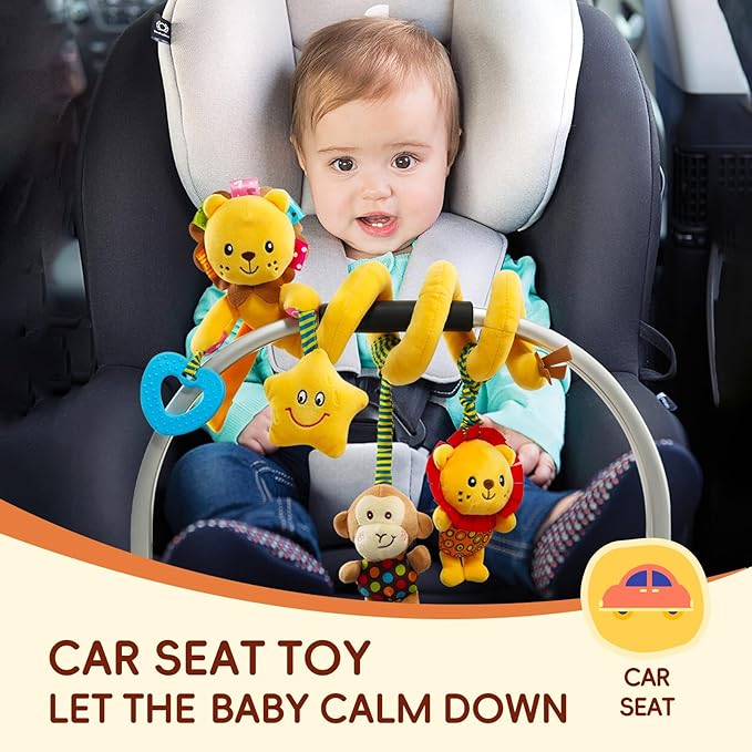 Jollybaby Crib Stroller Car Seat Toys for Baby 0-3-6-9-12 Months, Tummy Time Hanging Sensory Toys for Newborn with Music Box and Teether, Spiral Carseat Toy for Baby Boys Girls Gifts (07-Little Lion)