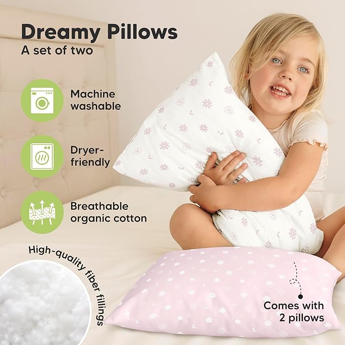 KeaBabies 2-Pack Toddler Pillow 13x18 - Soft Organic Cotton Kids Travel Bed Pillows for Sleeping, School, Nap, Machine Washable, Toddlers 2 to 5, Pillowcase Sold Separately (Daisy)