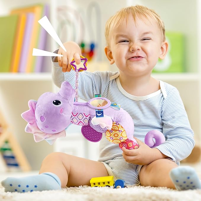 LIGHTDESIRE Baby Toys Musical Seahorse Stuffed Animals Infant Toys 0-6-12 Months with Mirror|Rattles|Crinkle|Baby Teething Toys,Sensory Toys for Tummy Time Newborn Boys Girls Gifts(Lavender Purple)