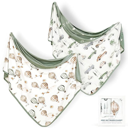 GRSSDER Baby Swaddle Blankets 2 Pack, Super Soft Jersey Knit Reversible Quilt for Baby Girls and Boys, Double Layer Receiving Blankets 34 x 44 Extra Large for Swaddling, Cars & Balloons