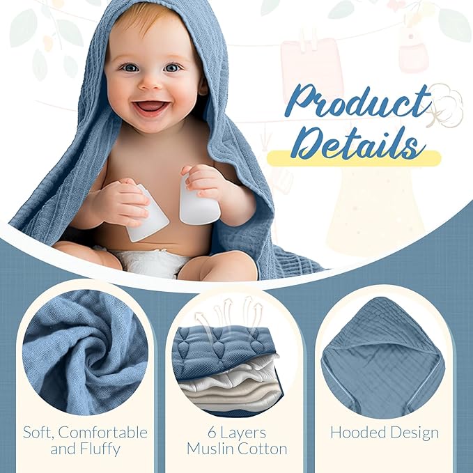 VitalCozy 8 Pcs Baby Muslin Hooded Bath Towels and Washcloths, 32 x 32 Inch Muslin Cotton Hooded Baby Towels Absorbent Hooded Blankets for Gift Newborn Infant Shower (Blue,White)