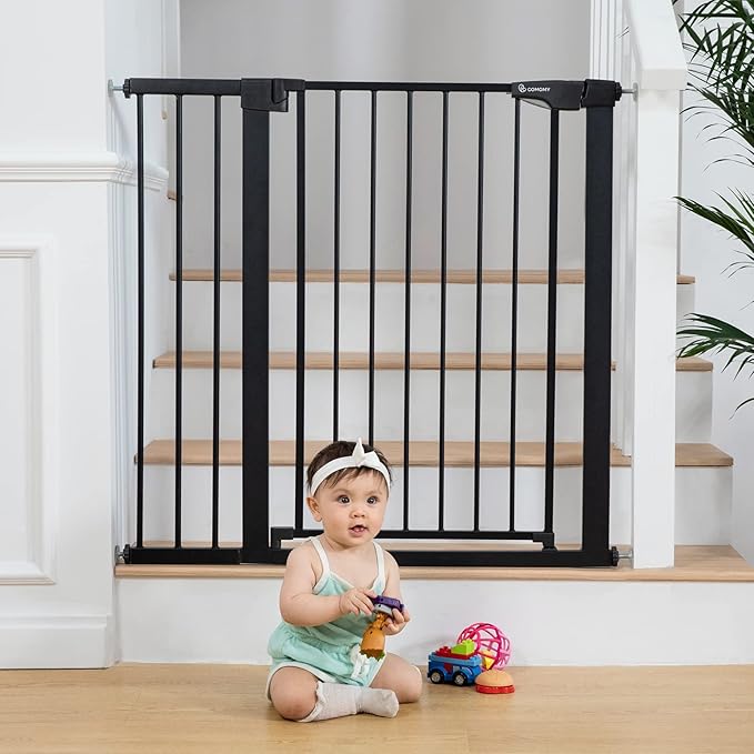 COMOMY 36" Extra Tall Baby Gate for Stairs and Doorways - Fits 29.5" to 48.8" Wide Openings, Auto Close Extra Wide Dog Gate for House, Pressure Mounted Easy Walk Through Pet With Door, Black