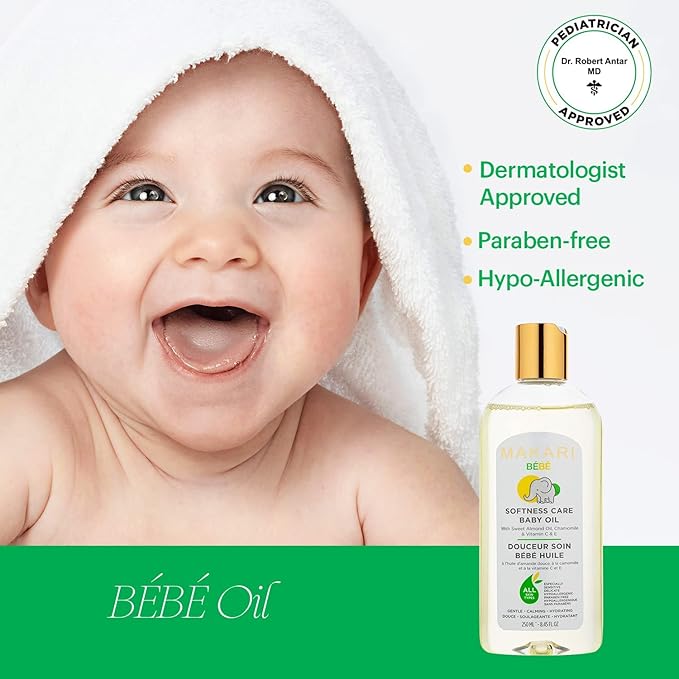 Makari Softness Care Baby Oil with Sweet Almond, Chamomile & Vitamins C & E, Hypoallergenic & Paraben-Free, Ideal for All Skin Types, Formulated for Sensitive and Delicate Newborn Skin