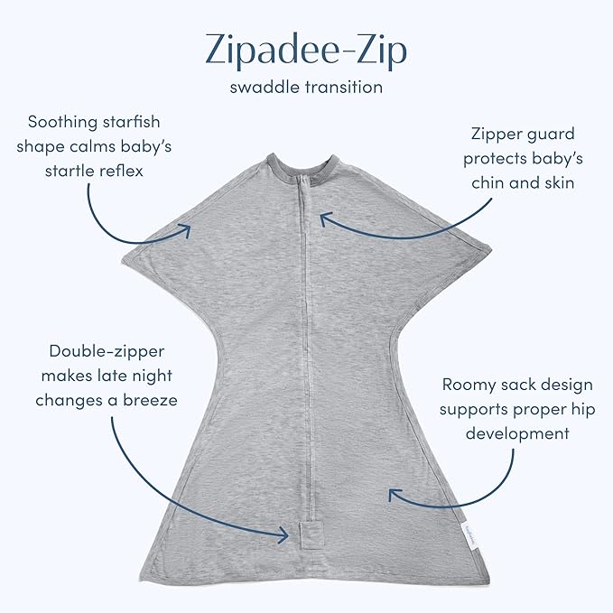 SleepingBaby Zipadee-Zip Transition Swaddle - Cozy Baby Swaddling Blanket with Zipper Convenience - Roomy Wearable Blanket for Easy Diaper Changes - 3-6 Month - Hall of Fame Grey Heather