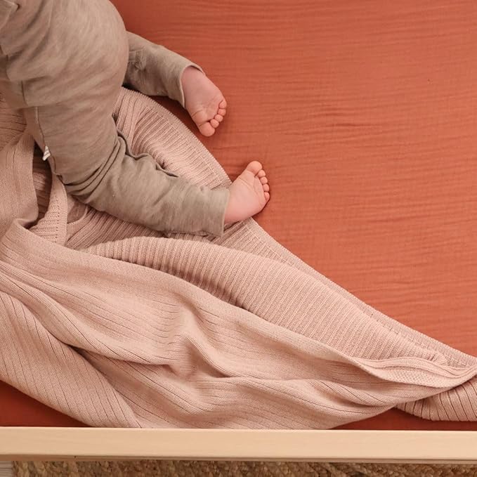 Knitted Organic Cotton Baby Blanket- Swaddle Blanket, 30" x 40" Soft Receiving Blanket for Newborn (Ribbed-Blush)