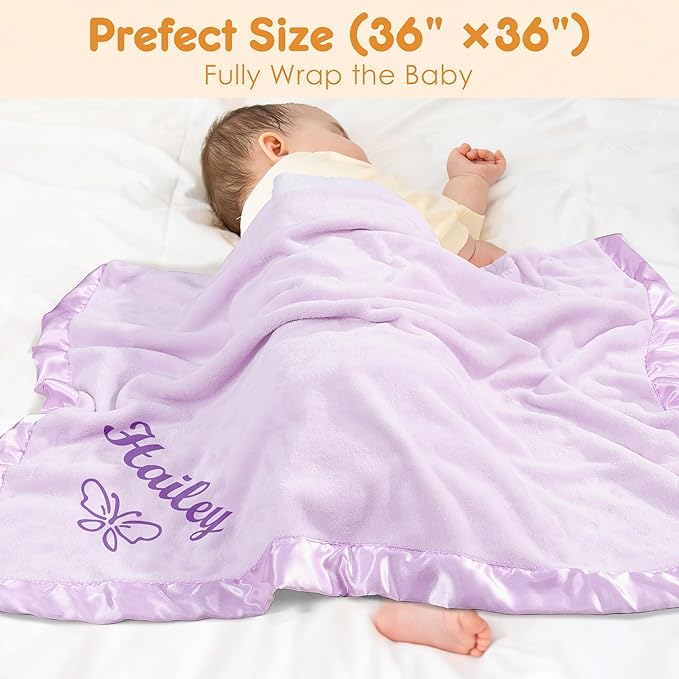 Personalized Baby Blanket with Name, Custom Flannel Swaddle Blankets, Customized Embroidered Receiving Blanket for Girls, Baby Shower Birthday for Newborn - Purple(36" x 36")