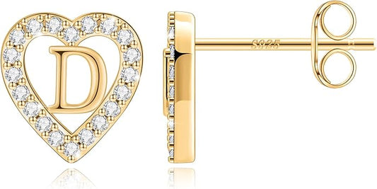 Anoup Christmas Gifts for Grandkids Girls Earrings - S925 Sterling Silver Post CZ Hypoallergenic Stud Heart Initial Earrings for Women Kids Jewelry Stocking Stuffers for Teen Girls Birthday Gifts