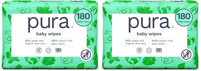 Pura Baby Wipes, 180 Count, Plastic-Free | Sensitive Skin | 99% Water | Fragrance Free | Plant Based