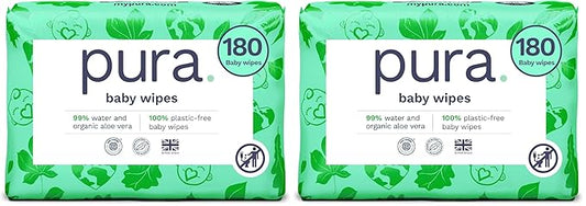Pura Baby Wipes, 180 Count, Plastic-Free | Sensitive Skin | 99% Water | Fragrance Free | Plant Based