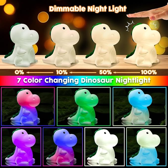 Kids Night Light Dinosaur Bedside Nursery Touch Lamp Dimmable with 7 Color Changing, Soft Squishy Silicone Cute Dino Night Lights Gifts for Kids Baby Room, Rechargeable for All-Night Use