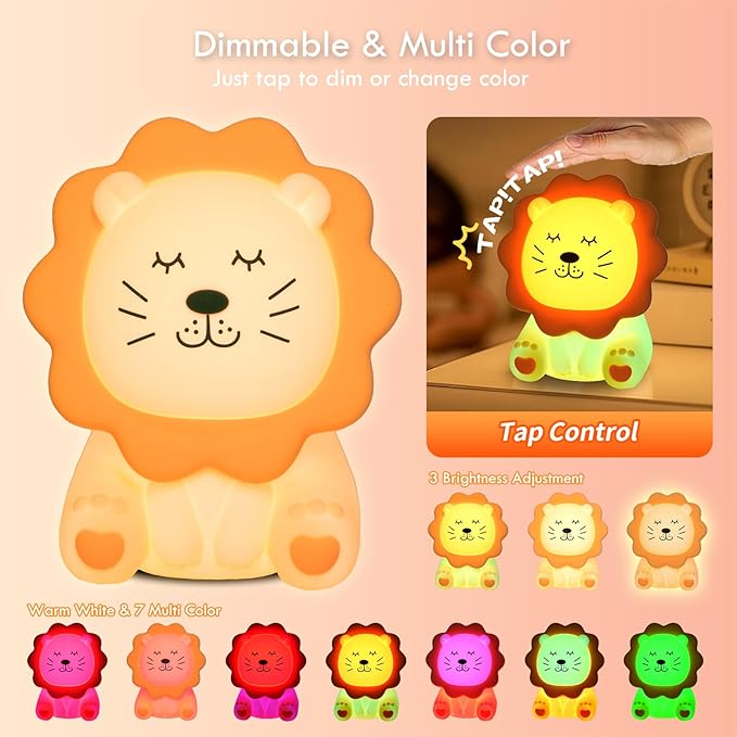 Night Light for Kids, 7 Colors Soft Silicone Kids Night Light with 3 Level Dimmable, Rechargeable Anti-glare Nursery Night Light with Warm White & Multicolor, Squishy Cute Lion Bedside Touch Lamp