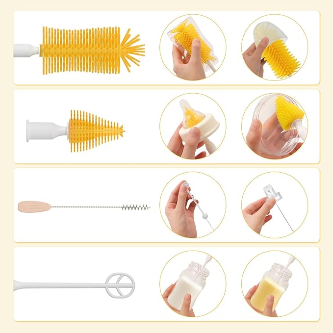 Electric Bottle Brush Cleaner, Baby Bottle Cleaning Set with Nipple Straw Brushes Drying Rack Soap Dispenser Rechargable Waterproof Multi-use E-Brush Kit for Travel & Home, Yellow
