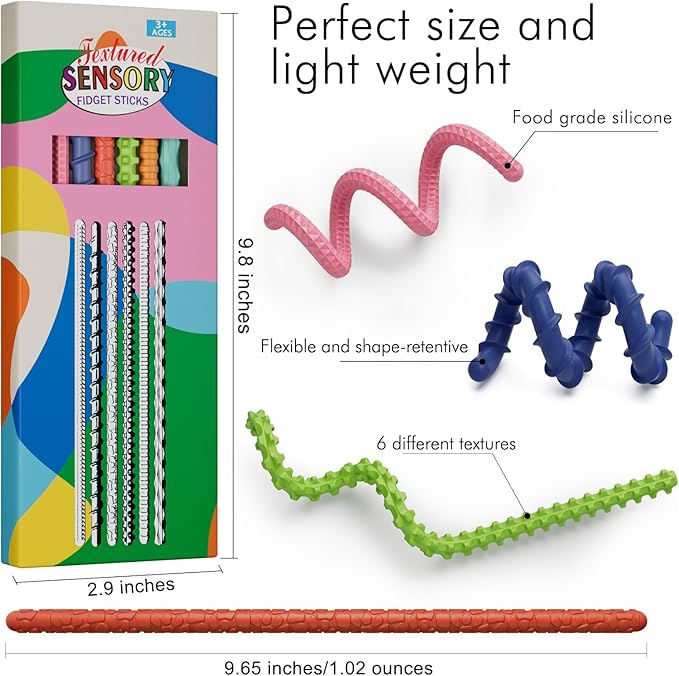 Sensory Fidget Toys for Kids Adults,6PCS Flexible Fidget Sticks for Stress Anxiety Autistic ADHD, Calm Down Travel Airplane Essentials Toys, Stuffers for Teens Kids