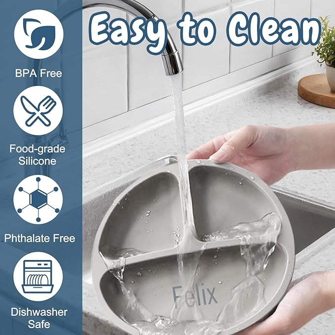 Personalized Silicone Baby Feeding Set with Name, Customized Baby Led Weaning Supplies Self Feeding Eating Utensils with Spoon, Fork, Silicone Suction Bowls, Cup, Plate Smoky Gray