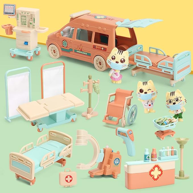 Cat Dolls Doctor Pet Pretend Play Toys, Figures Playset Toy, Hospital and Ambulance Toy with Lights and Sound, Educational Toys, Gift for Kids Toddlers Boys and Girls