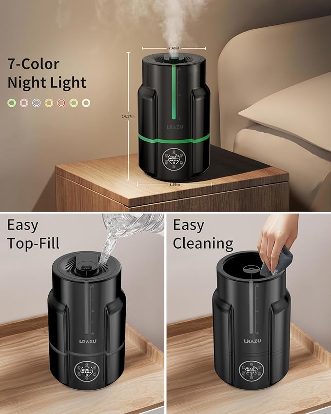 6L Humidifiers for Bedroom, 60H Runtime 26 dB Quiet Supersized Cool Mist Air Humidifiers for Large Room, Baby Nursery, Plant, Indoor, Night Light, Easy to Clean, Precise Humidity Control