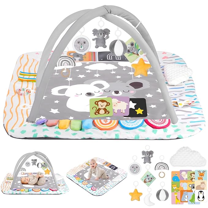 Baby Play Mat Activity Gym with Tummy Time Pillow, 6 Developmental Zones Tummy Time Mat, 6 Detachable Sensory Toys and Educational Cards, Essential Baby Shower Set, Grey Koala