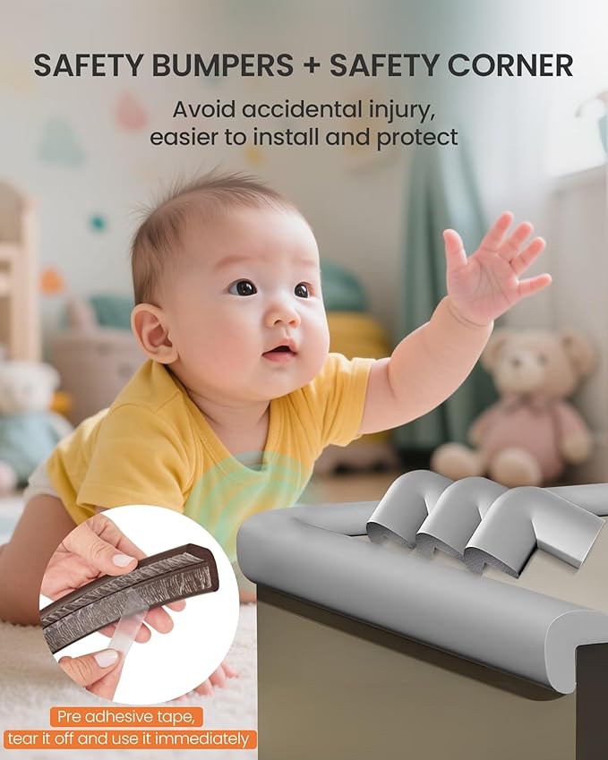 Baby Proof Edge Corner Protector, 6.56FT 0.47''Th L-Shape Furniture Corner & Edge Safety Bumpers with 6 Corners, Pre-Taped, Soft NBR Rubber Foam Desk Edge Cushion Wall Corner Protector（Grey）