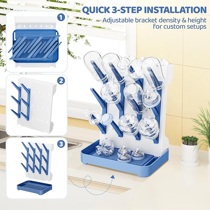 Baby Bottle Drying Rack, Baby Bottle Organizer for Countertop, Bottle Holder for Baby- Space Saving Standing Drying Rack for Baby Bottles and Brushes Part Cleaning (Blue)