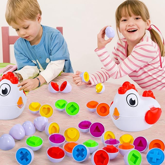 6 Pack Chicken Eggs Matching Game Toys for Toddlers, Colors & Shape Matching and Sorter, Preschool Sensory Fine Motor Skills Development Toy, Educational Gifts for Boys and Girls Aged 3-6